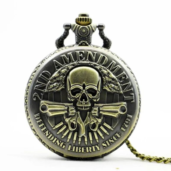 Skull Gun Cards Vintage Bronze Pocket Watch with Chain Necklace - Picture 2 of 7